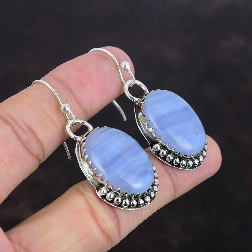 Blue Lace Agate Earrings Gemstone Earring Decent Jewelry 925 Sterling Silver Earrings Handmade Earring Antique Drop Earring Engagement Gifts