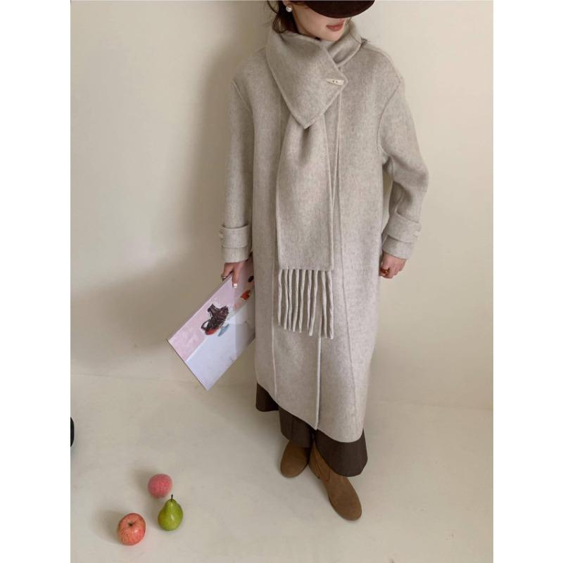Korean Lace Detachable Tassel Scarf Horn Button Double-sided Wool Coat Mid-length Temperament Coat Warm and Loose
