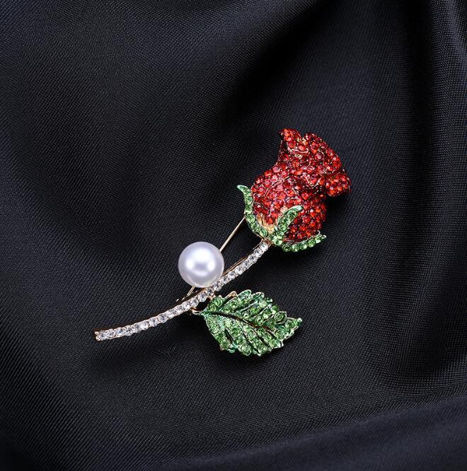 New Hot Beautiful Crystal Trendy Rose Red Flower Brooch Pins Jewelry Women Alloy Brooches Accessories Jewelry Gfit