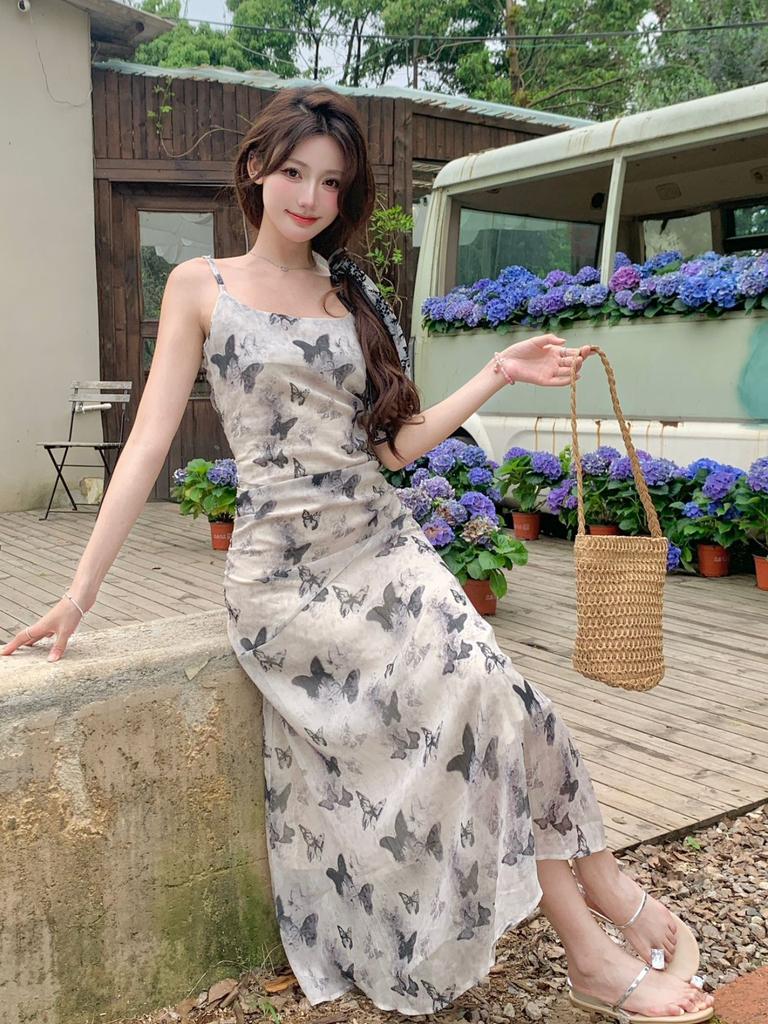 Cold Ink Butterfly Floral Suspender Dress Women, Summer New French Chic and Beautiful Temperament Dress