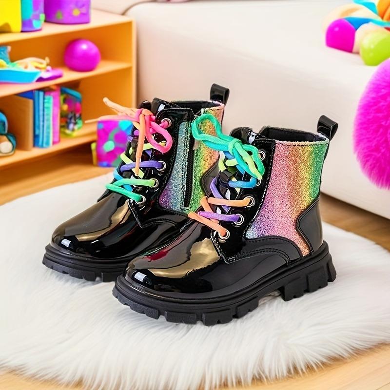 Trendy Girls Rainbow Zip Ankle Boots Sparkly Non Slip Rubber Sole Lace Up Colorful Shoelaces Fall Winter Princess Style