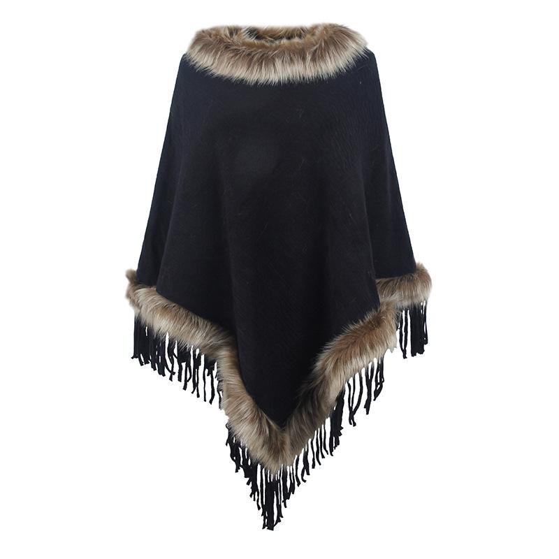 Mao Mao Yu Women's Solid Color Tassel Cape: 2023 Autumn/Winter European & American Loose Knit Pullover Shawl