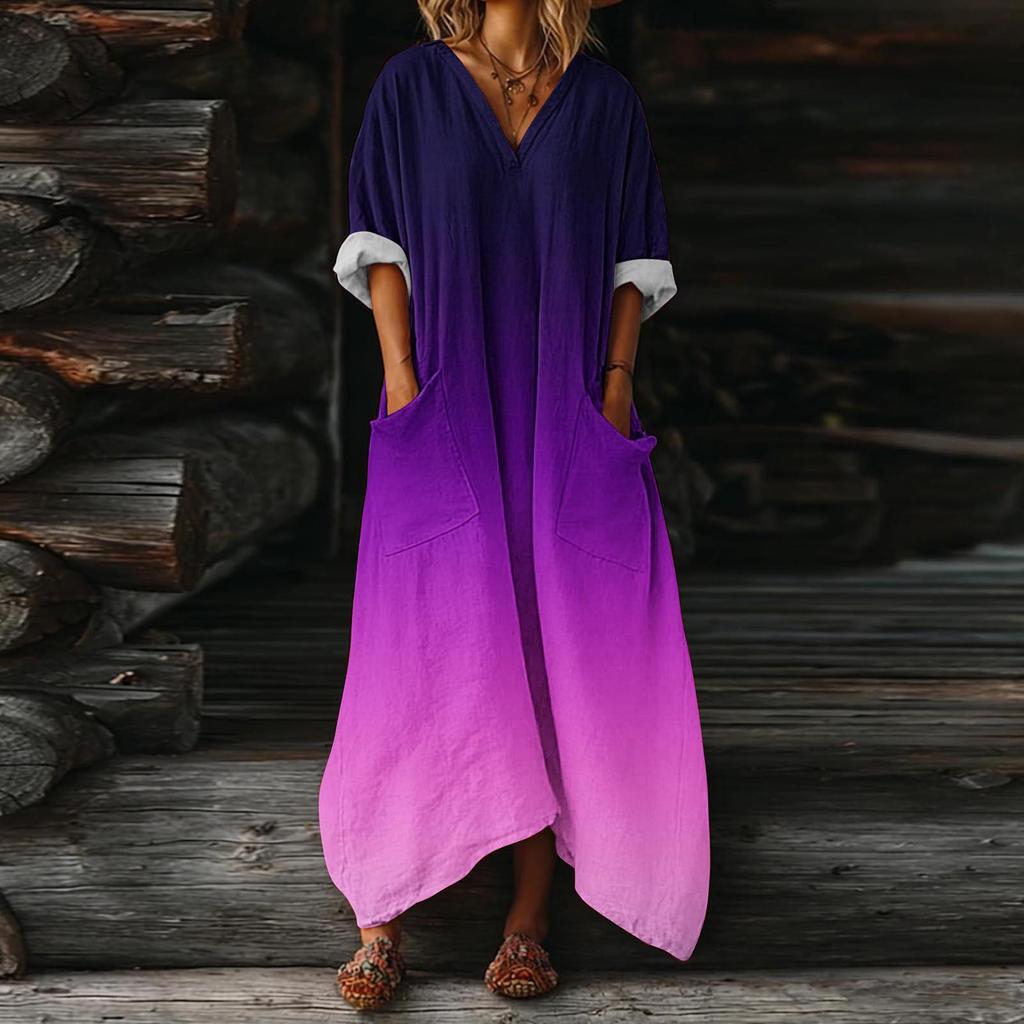 Damenkleid Lässig Fließende Kleider V-Ausschnitt Urlaub Boho Strand Sommerkleid