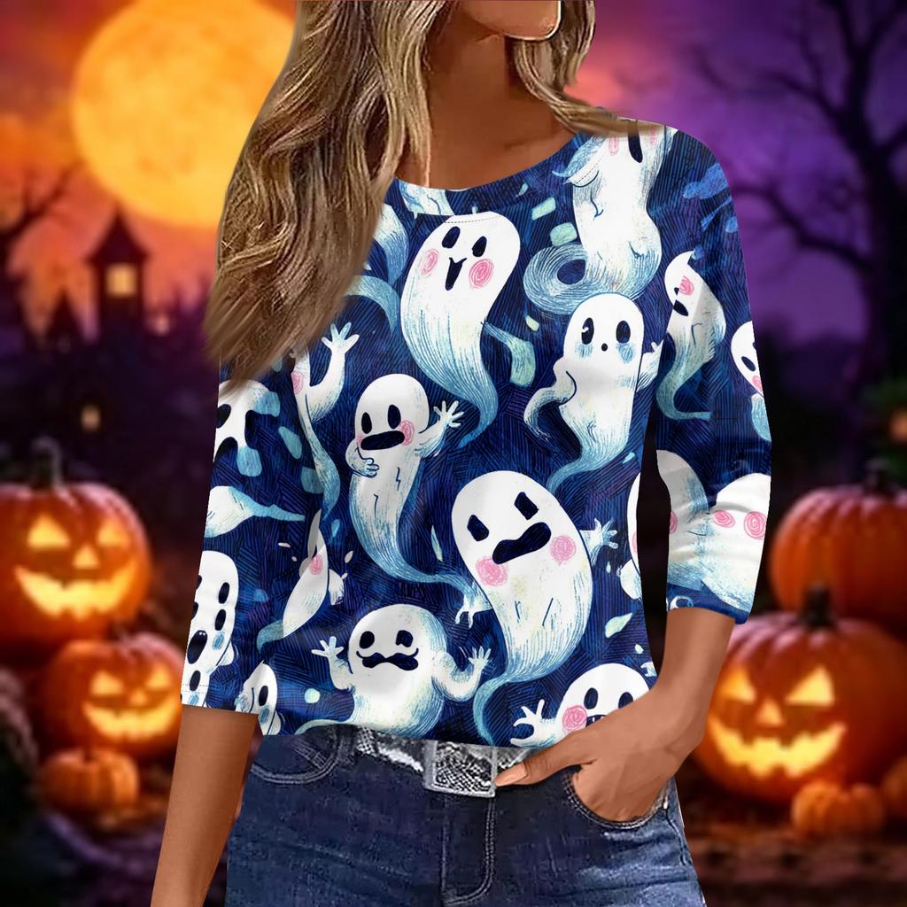 Women 3/4 Sleeve Casual Loose Fit Shirt Round Neck Pullover Halloween Print Top Lightweight Comfortable Blouse