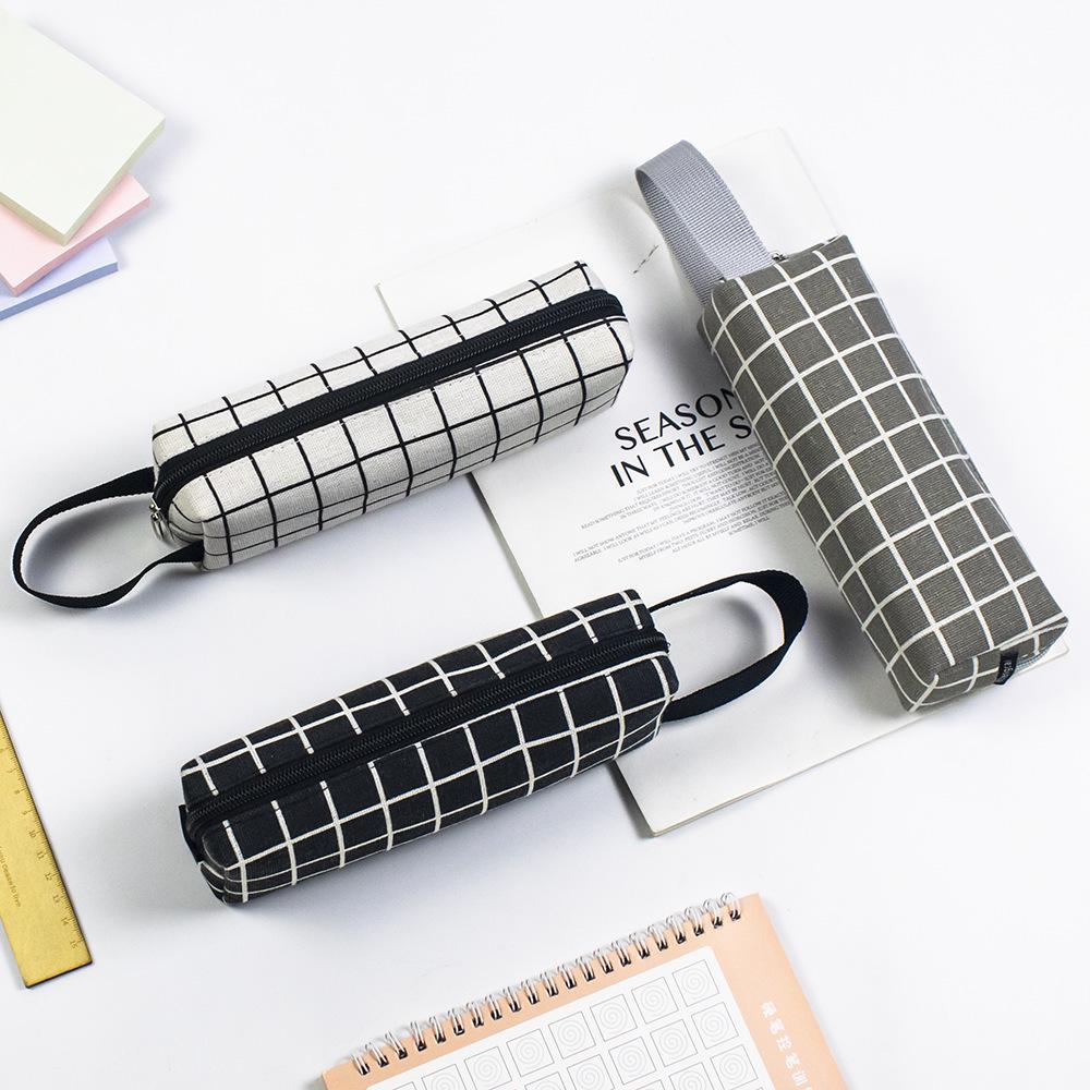 Bojin Black & White Plaid Canvas Pencil Case for Students