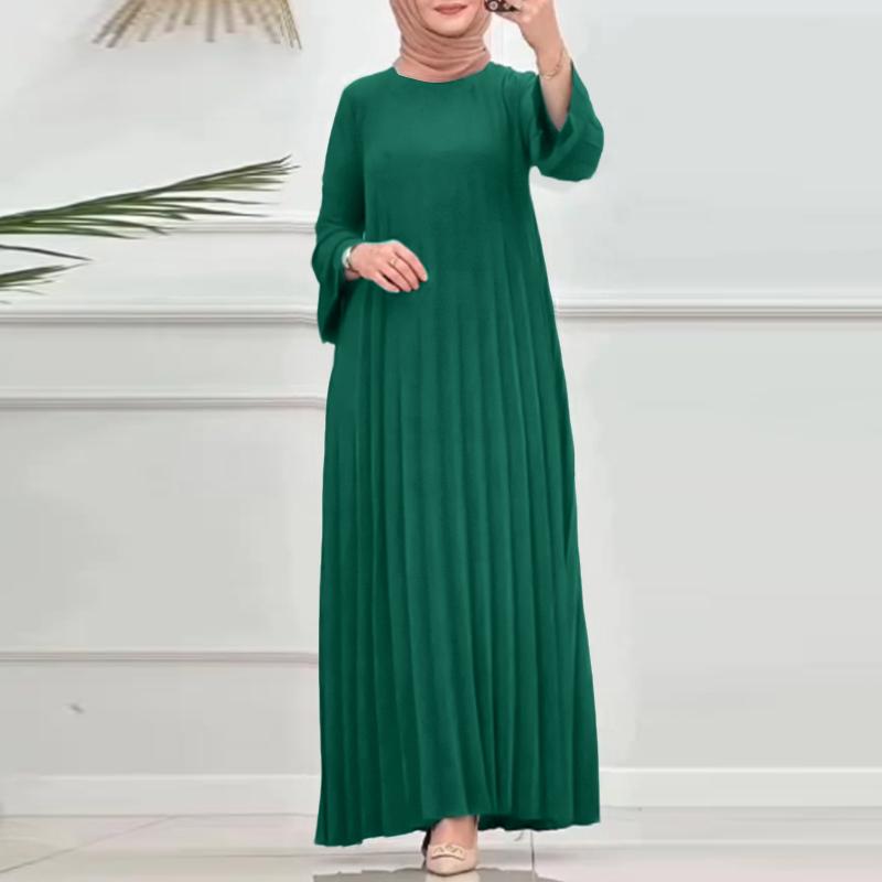 ZANZEA Women Casual Round Neck Loose Long Sleeve Pleated Dress