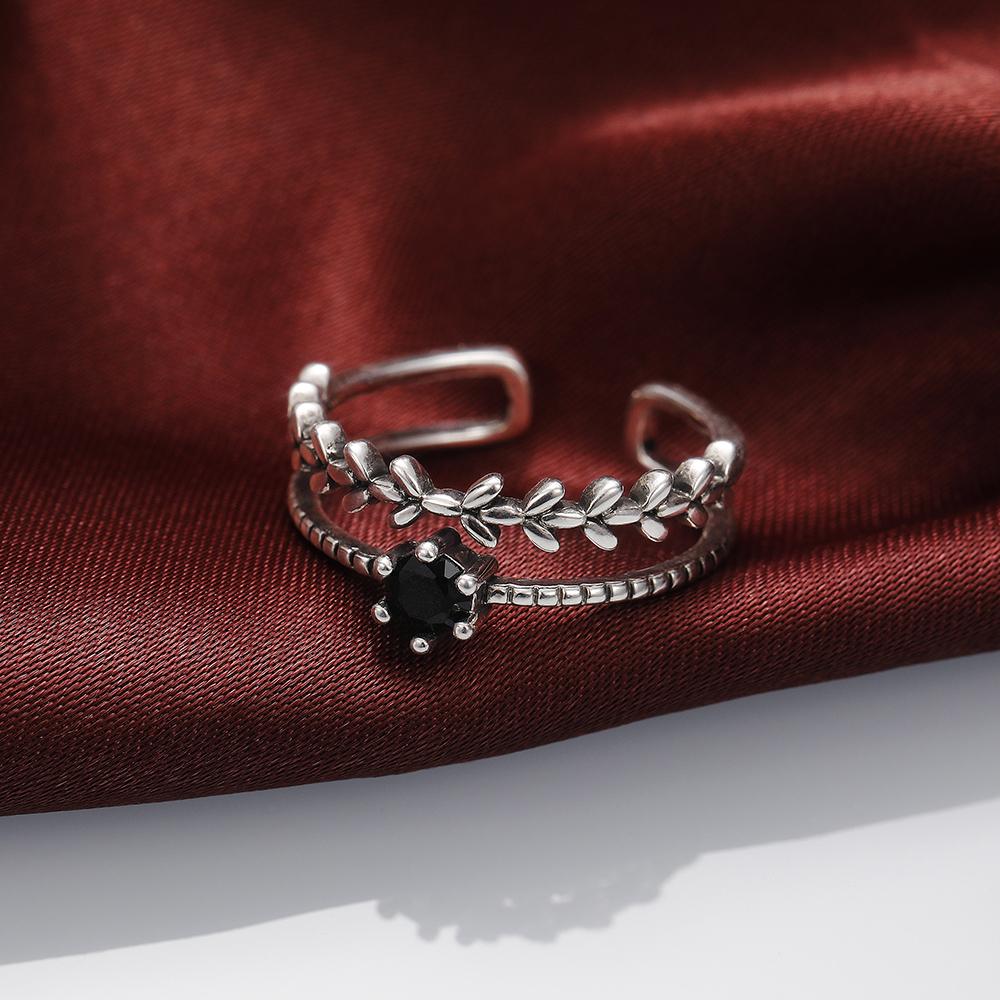 Antique Silver Color Vintage Adjustable Rings for Women Branch Black Stone Double Layer Opening Rings Fancy Girls Jewelry