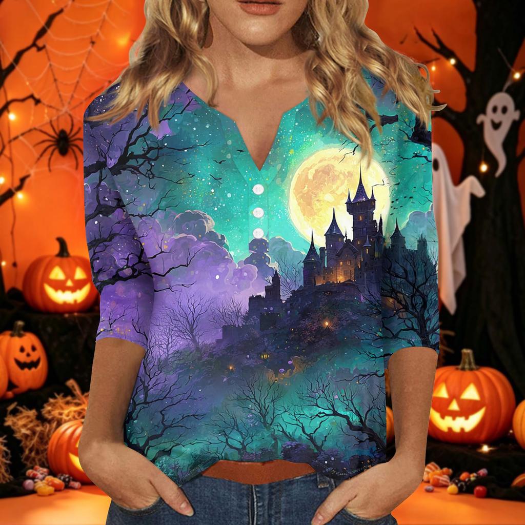 Women's Halloween Print V-Neck Short Sleeve T-Shirt with Decorative Buttons for Casual Fall Outfits