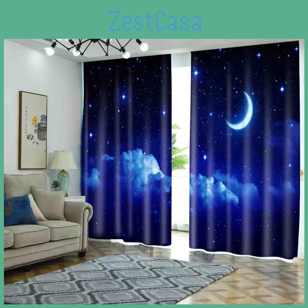 Night Moon Galaxy Blue Cloud Shine Stars Starry Window Curtain For Living Room Kids Bedroom Bathroom Kicthen Door Home Decor2pcs