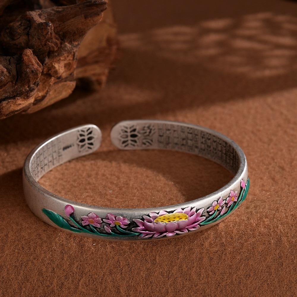 Adjustable Chinese Style Bracelets Charm Cloisonne Open Bangle Fashion Lotus Copper Bangle Gifts