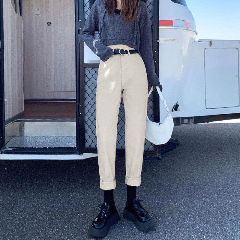 

High-Waisted Fleece-Lined Korean Style Jeans for Petite Women, Autumn/Winter, Loose Fit, Straight Leg, Harem Carrot Cut. M