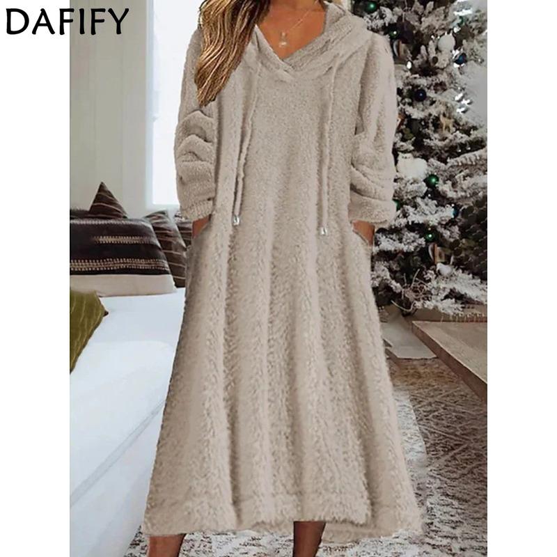 DAFIFY Women's Fashion Fall Winter Solid Color Print Long Sleeve Hooded Loose Waistline Casual Dresses