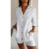 IHUASU Single Breasted Pleated Lapel Shirt Women's Solid Color Pull-up Sleeve Top