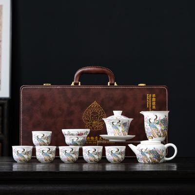 Lederbox Speckstein Jade Pfau Kung Fu Tee-Set Schwebende Abdeckung Schale Phönix Kanne Geschenkbox-Set High-End Bürogeschenk