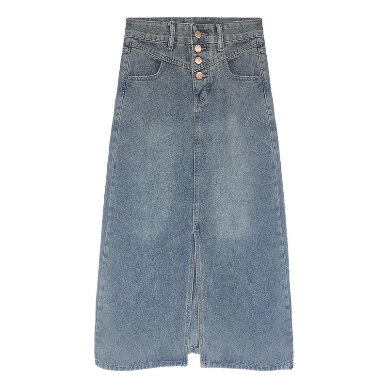 Spring/Summer 2025 High-Waisted Button Denim Skirt for Pear-Shaped Women - Mid-Length A-Line with Slit