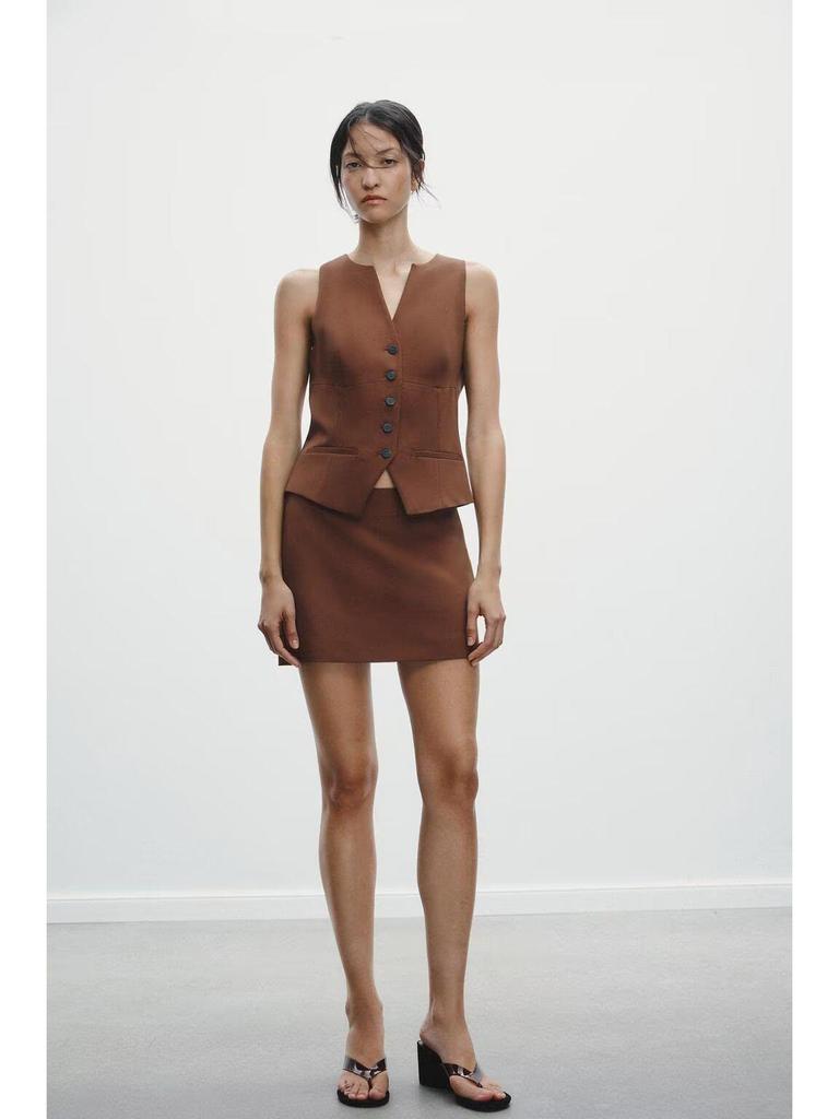 2025 Spring V-Neck Sleeveless Vest Top + A-Line Midi Skirt: European & American Style