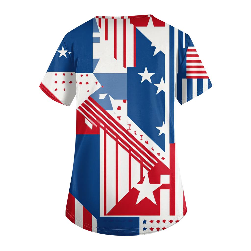 Women's Fashionable V-Neck Short-Sleeved Work Top With Pockets And Independence Day Print  Uniform