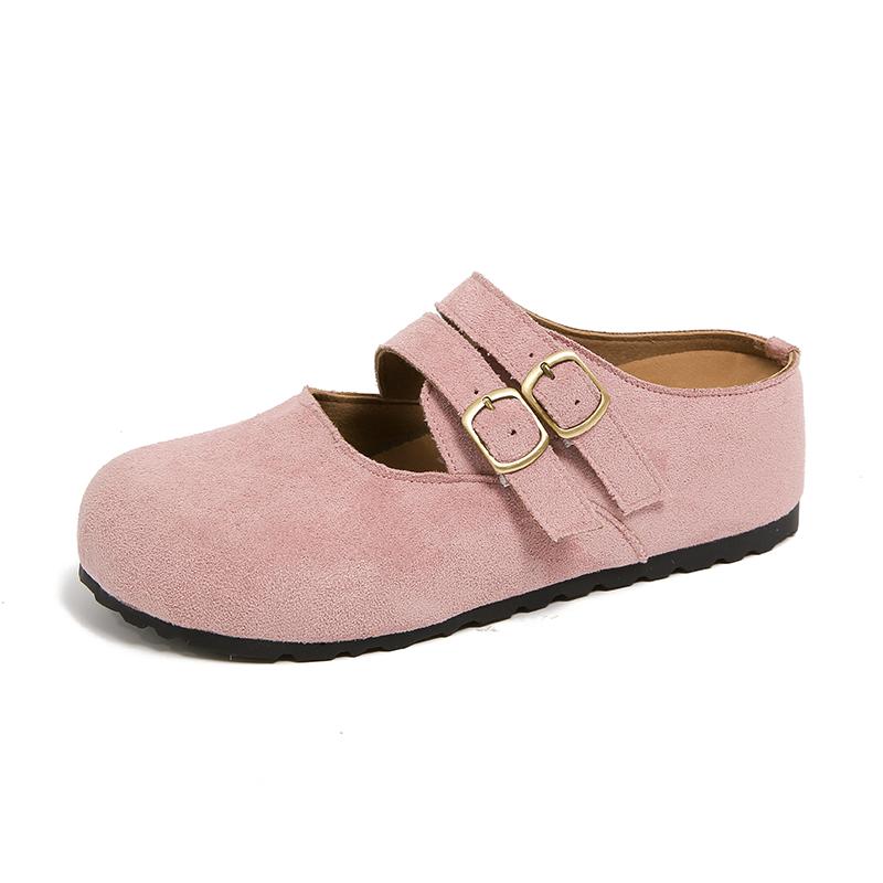 Fashion Baotou Slippers Spring New Style Round Head Shallow Mouth Cow Suede Cover Foot Anti-slip Wear-resistant Flat Shoes