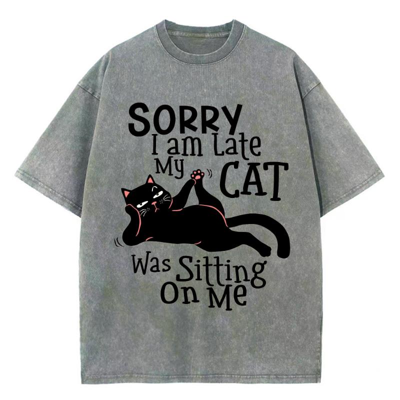 Liebling Schwarze Katze Print Damen Washed T-Shirt Übergroß Rundhals Stretch Kurzarm Unisex Freizeit Oberteil