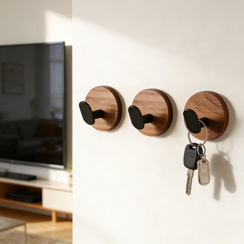 Round Walnut Wood Hooks, Walnut Wood No-Drill Hooks,Strong Adhesive Wall-Mounted Hooks,Door Back Kitchen Bathroom Storage Hooks