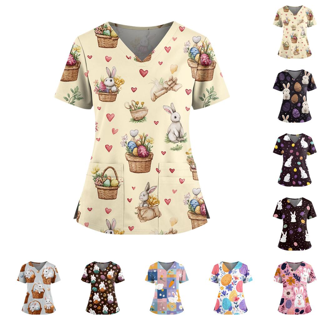 Damen Osterdruck V-Ausschnitt Doppeltasche Kurzarm Uniform Top mit geschlitztem Saum