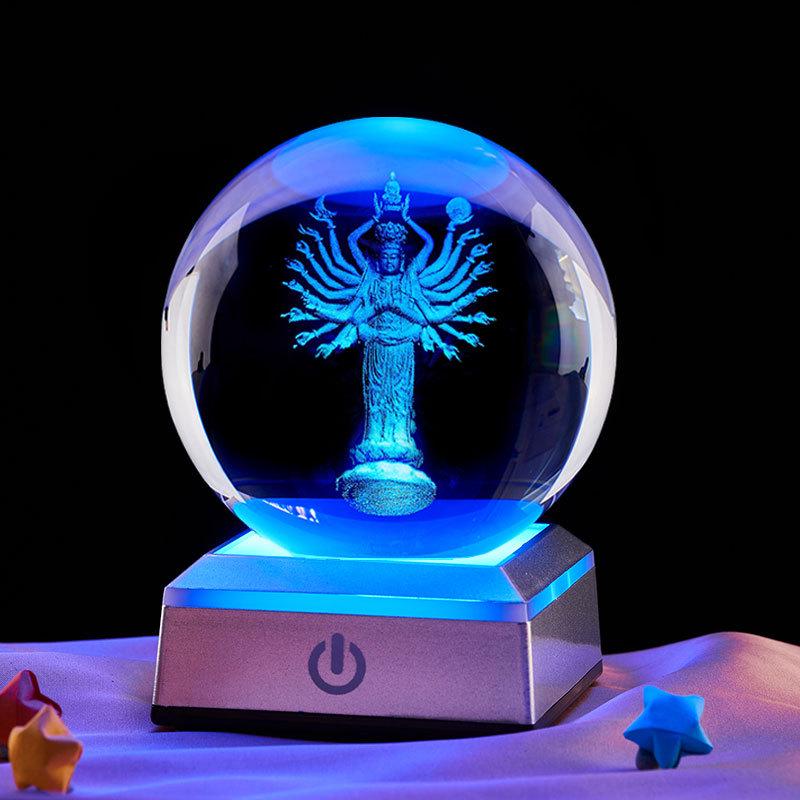 Thousand-Armed Guanyin 3D Laser Engraved Crystal Ball Night Light – Ideal Gift for Classmates or Best Friends' Birthdays