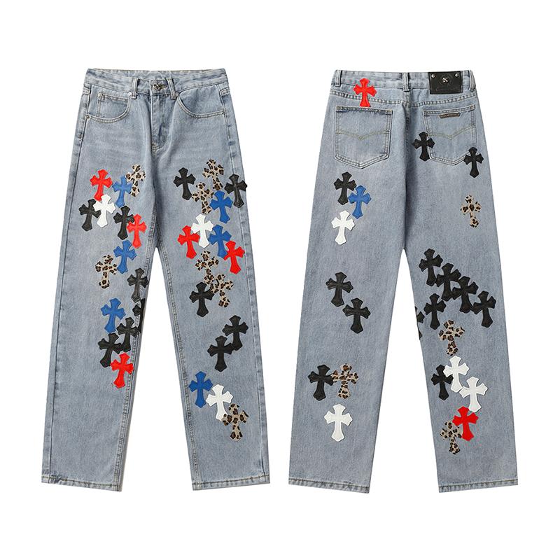 9913 Men's and Women's American Style Trendy Jeans with Fabric Patches, Holes, Embroidery, Casual and Fashionable High Street Pants