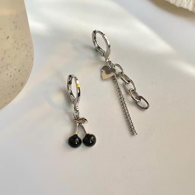 Women's Daily Black Cherry Chain Ring Earrings