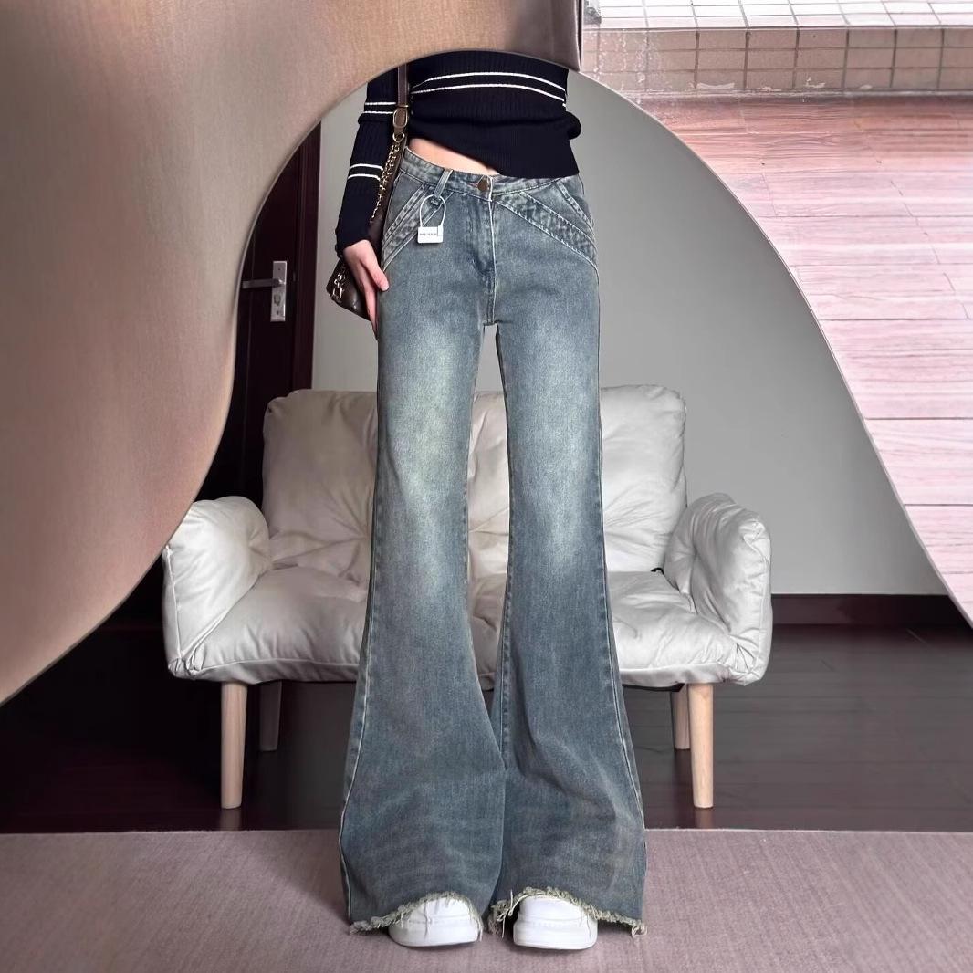 

Plus Size High Waist Retro Flare Jeans - Autumn Loose Wide Leg, Slimming, Frayed, Floor Length Pants M: Height 155-165CM (95-108 lbs)