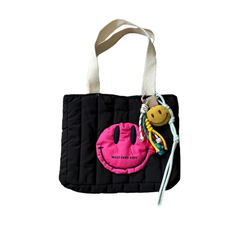 

[DIVA Rose] tote bag ladies with charm quilted bag mini tote mom bag pocket handbag smile bag (black x pink)