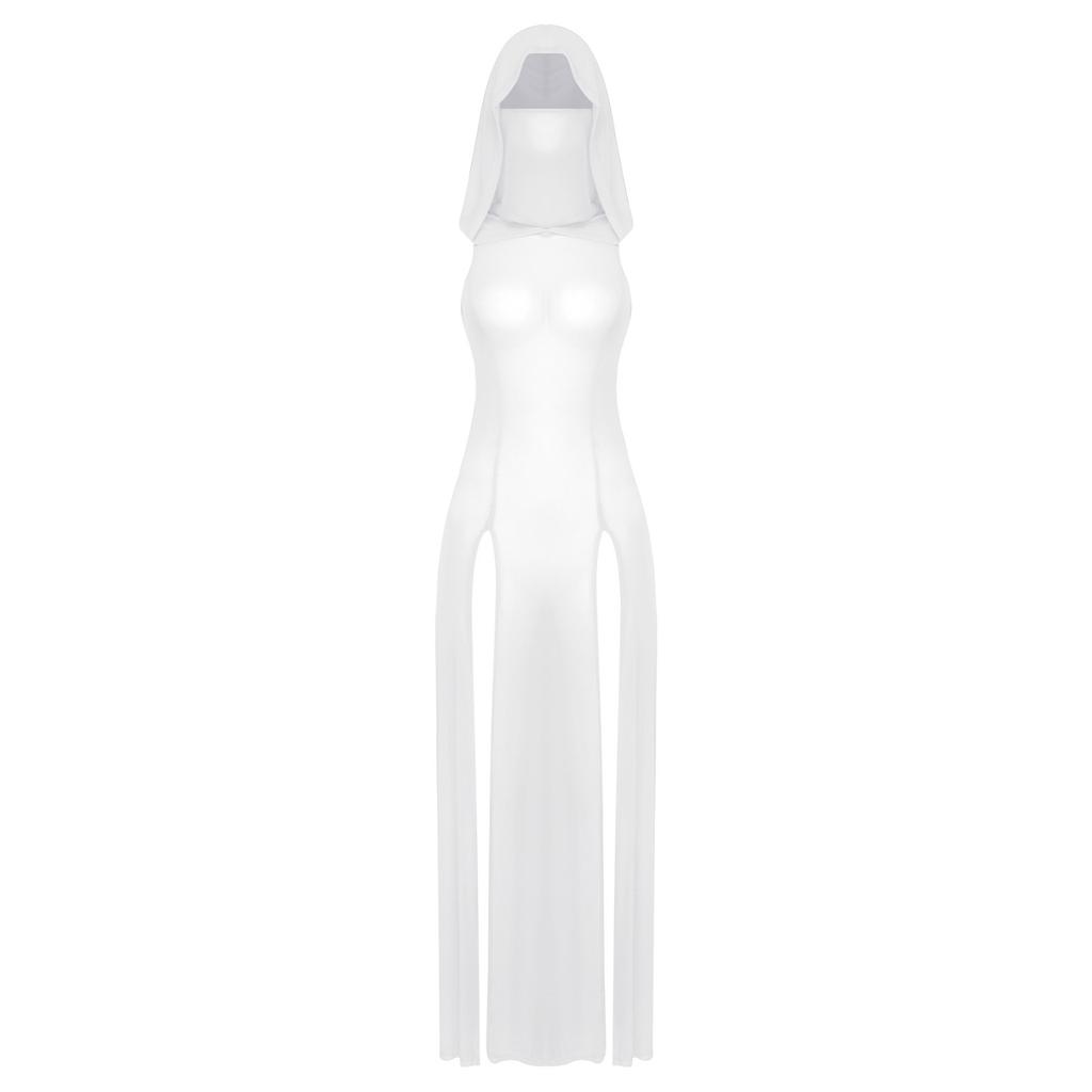 Women Sleeveless Gothic Hooded Dress High Split Sheer See-through Long Rave Night Club Outfit