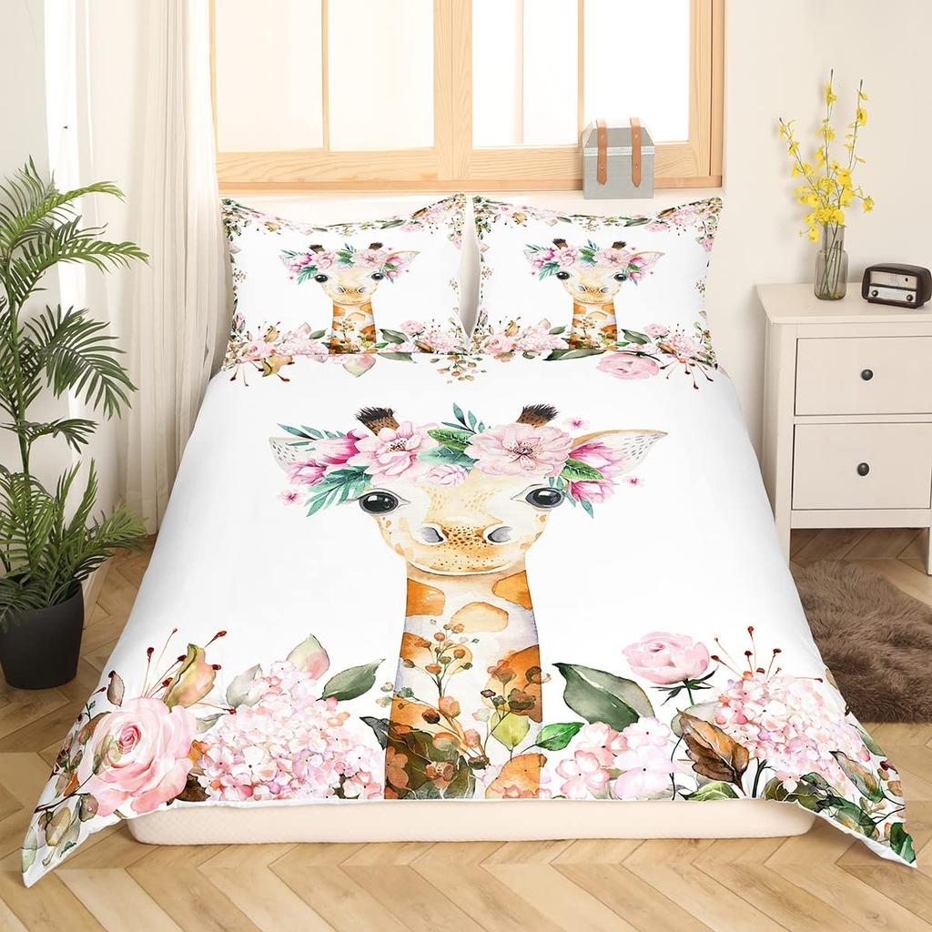 Pink Cartoon Animal King Queen Duvet Cover Kawaii Panda Pattern Bedding Set For Kids Girls Wildlife 2/3pcs Polyester Quilt Cover