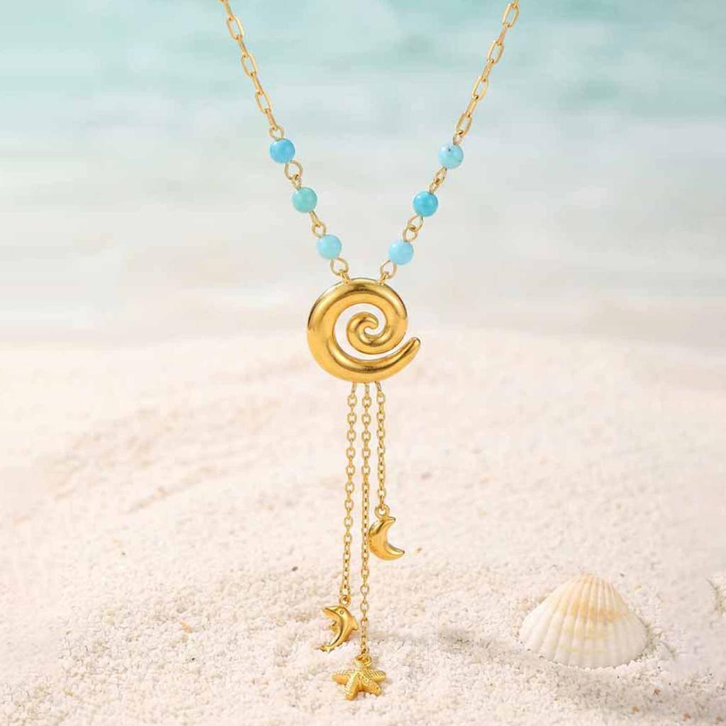 Ocean Style Y Necklace,18K Gold Plated Stainless Steel,Turquoise Paperclip Chain Dolphin Starfish Tassel Jewelry Waterproof