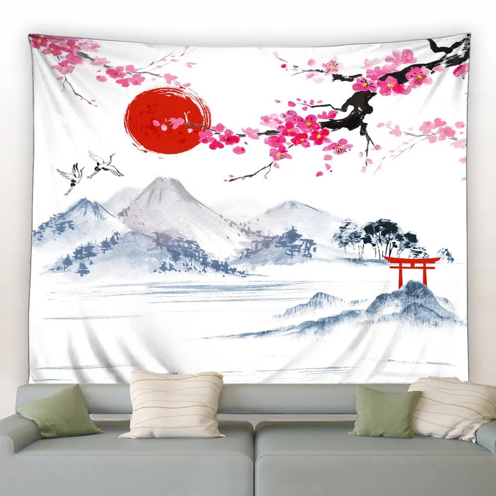 3D Chinese Ink Bamboo Tapestry Birds Red Flowers Mountain Water Natural Landscape Tapestries Dorm Living Room Wall Hanging Black