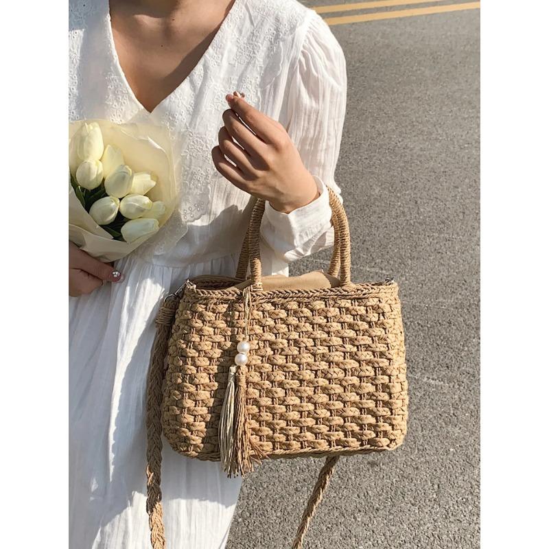 Bolso de Paja Tejida de Gran Capacidad para Verano Estilo Francés Fashi Borla Vacati Bolsos Cruzados Vintage Versátil Bolso de Mano Casual