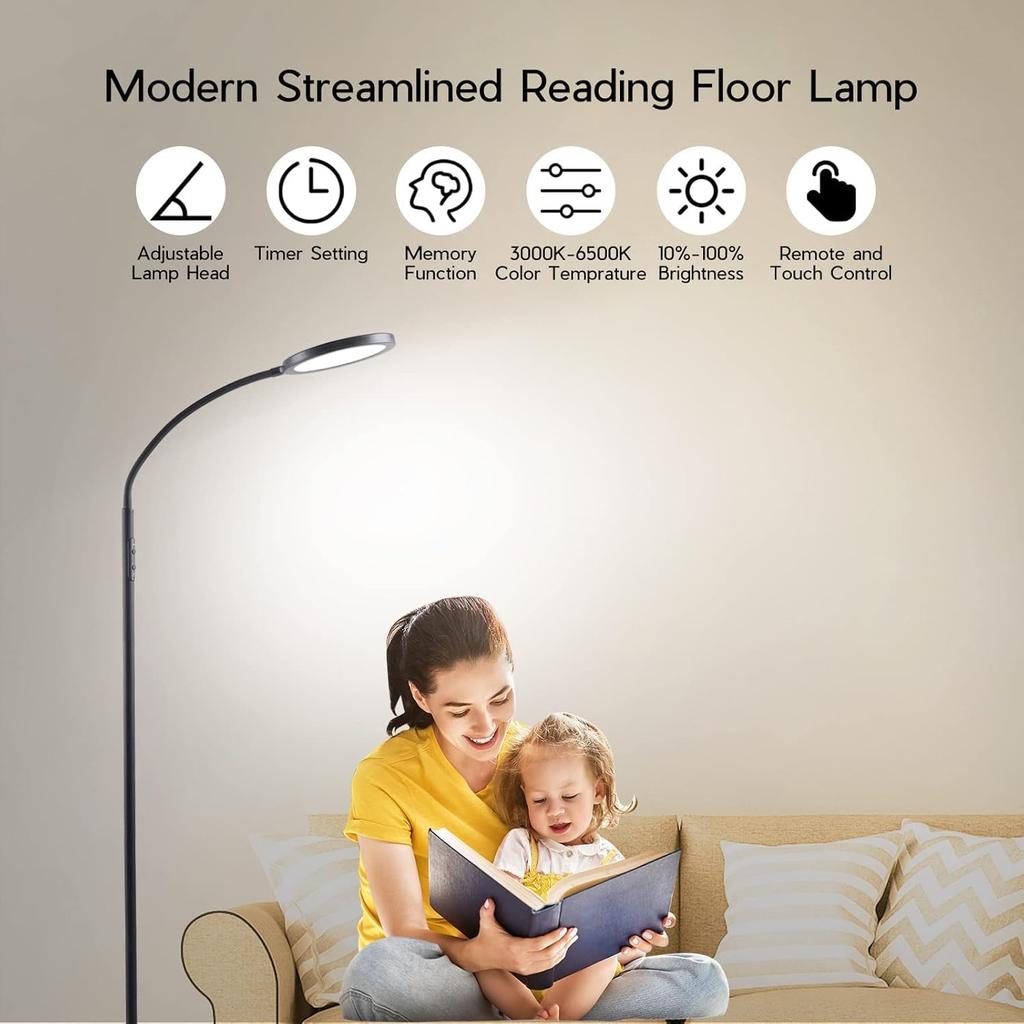 Dimmable LED Floor Lamp, Adjustable Gooseneck, Remote Control, Custom Color Temperature for Living Room, Bedroom, Office