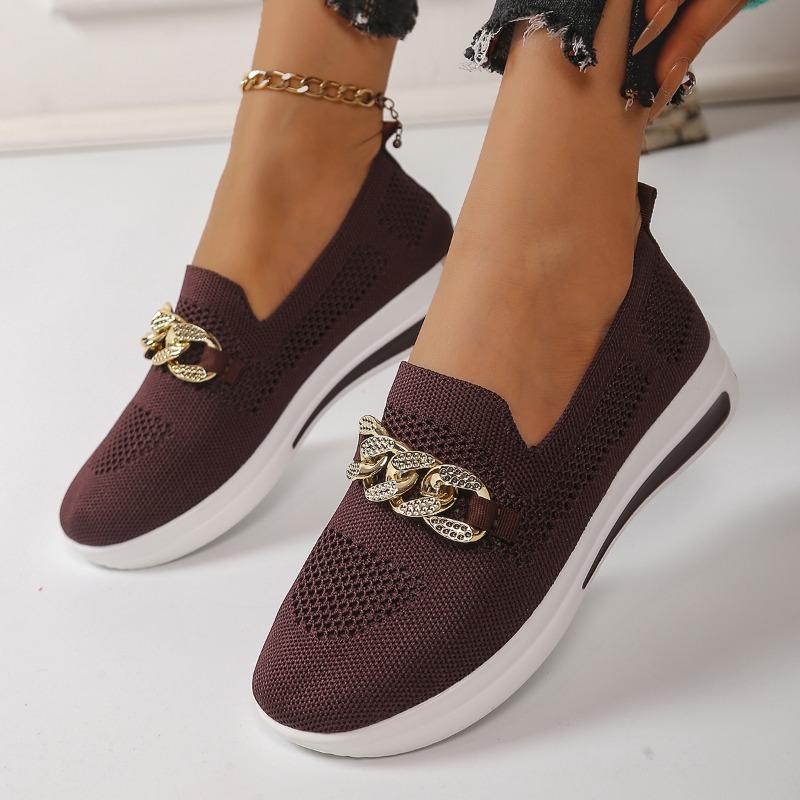Fashion Autumn New Flat Shoes Women's Fashion Round Head Flannelette Mesh Hollow Metal Chain Soft Sole Non-slip Single Shoes