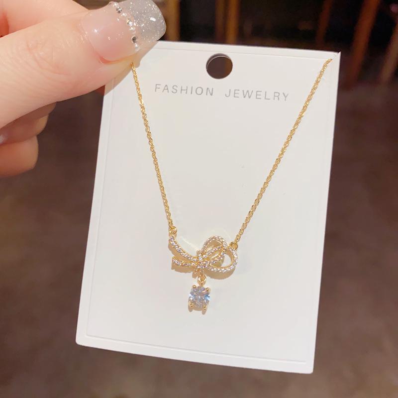 Women's Korean Style Bow Zircon Pendant Necklace – Elegant, Simple, Versatile Luxury Choker Clavicle Chain