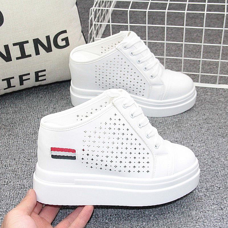 Fashion Baotou Half Slipper Inside Increase 10cm Women's Shoes A Slipper Lazy Shoes Port Wind Slipper Without Heel Small White Shoes