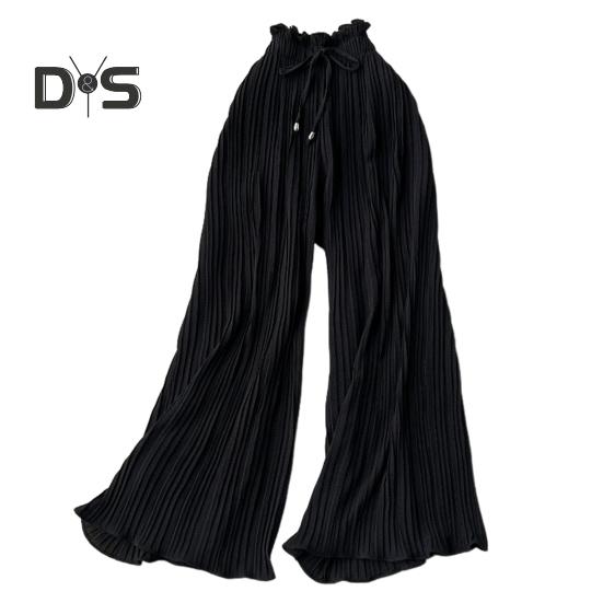 Pantaloni pentru femei cu talie înaltă elastică, cu șnur ajustabil, stil plisat, pantaloni largi, pantaloni casual de culoare solidă