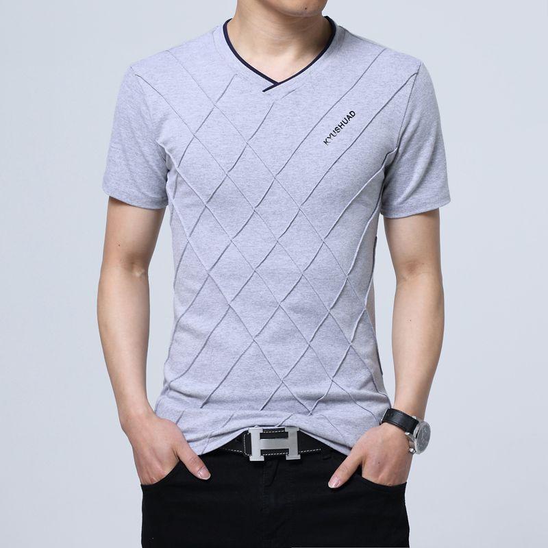 New Summer Slim Fit Korean Version V-neck Letter Print 3D Checkered Casual Oversized Elastic Short Sleeved T-shirt for Men