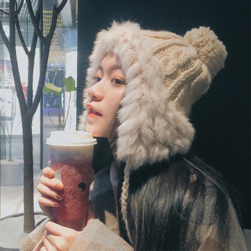 Women's Korean Style Cute Pom-Pom Earflap Hat - Autumn/Winter Warm Woolen Rabbit Fur Knit