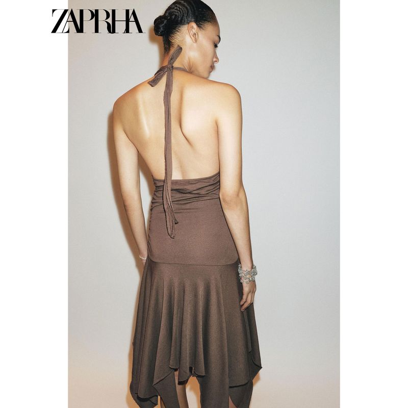 Zaprha 2025 Summer New Elegant Neck Collar Bow Backless Asymmetric Dress 4174814