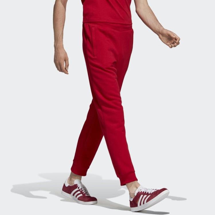Adidas Originals Trefoil Essentials Cotton French Terry Slim Fit Drawstring Waist Ribbed Cuffs Casual Jogger Pants Men Red DX3618