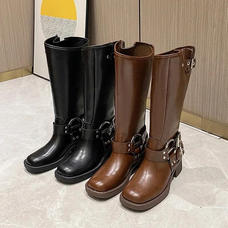 Women Knee High Chelsea Boots Mid Heels Winter Shoes  Designer Fashion Goth Boots Walking Motorcycle Boots Pumps Femme Shoes