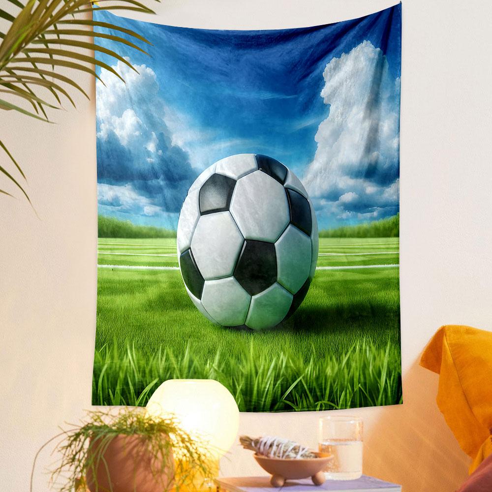 Soccer Ball on Green Field Patterned tapestry home decor, suitable for bedroom and living room, gift