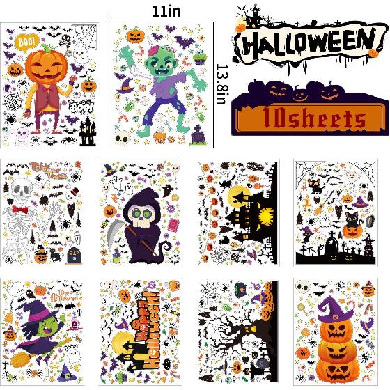 Halloween-Dekorationen 743 STÜCK Halloween-Fenstersticker, 10 Bögen Niedliche Halloween-Fensterdekorationen, Große Halloween-Fensteraufkleber Doppelseitig