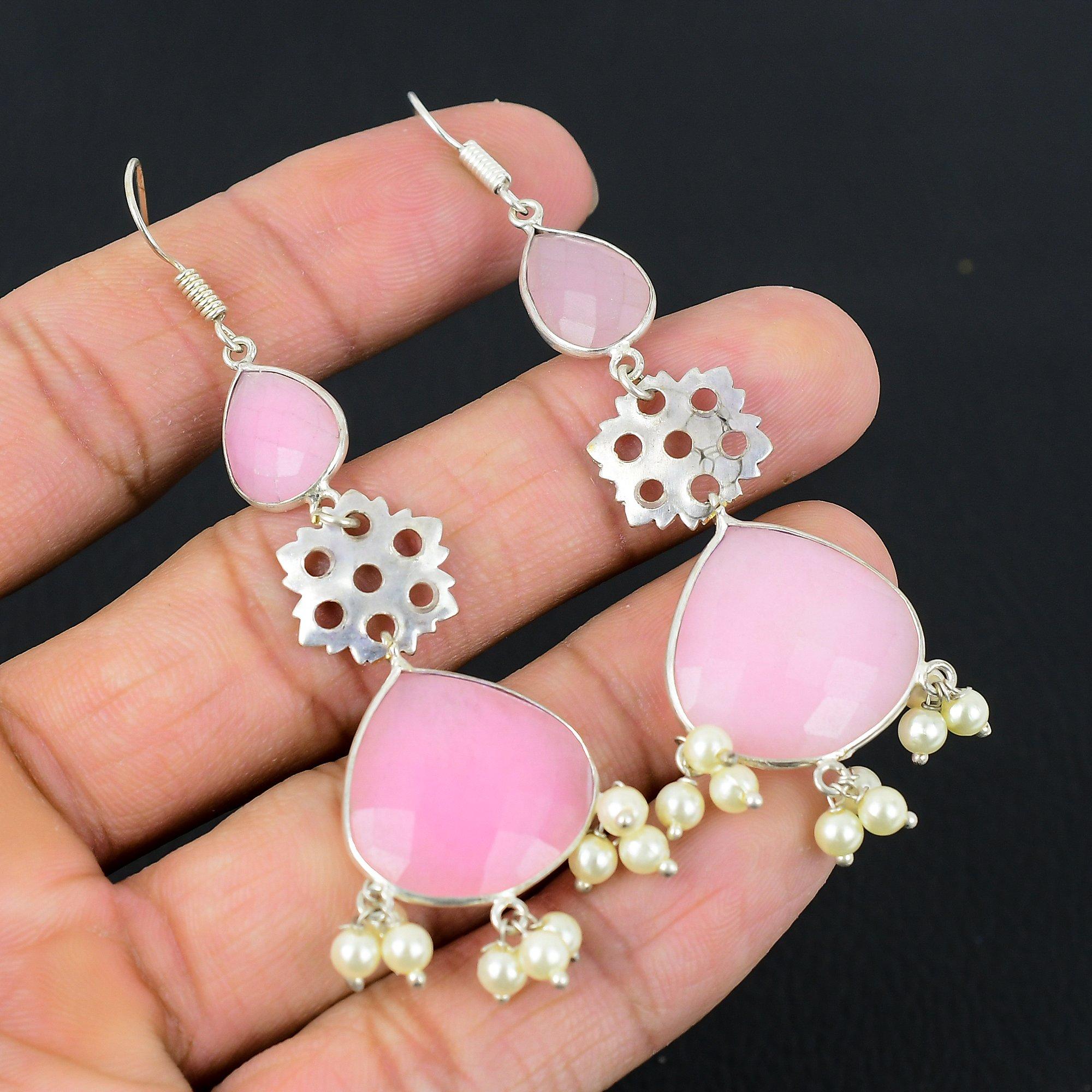 

Серебро 925 пробы Грушевидный Розовый Халцедон Драгоценный камень Дочь Подвесные Серьги-крючки Ювелирные изделия