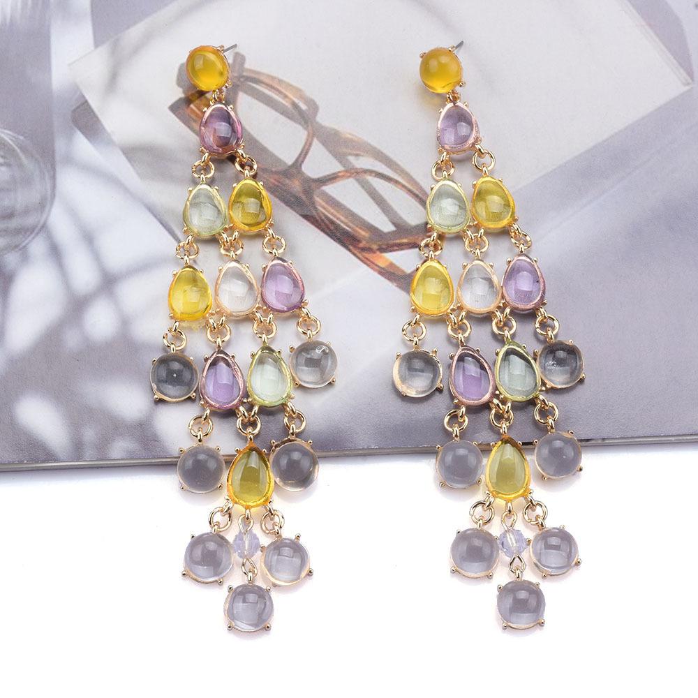 Exaggerated style long teardrop-shaped glass pendant chain long fashionable European and American niche tassel earrings 2026