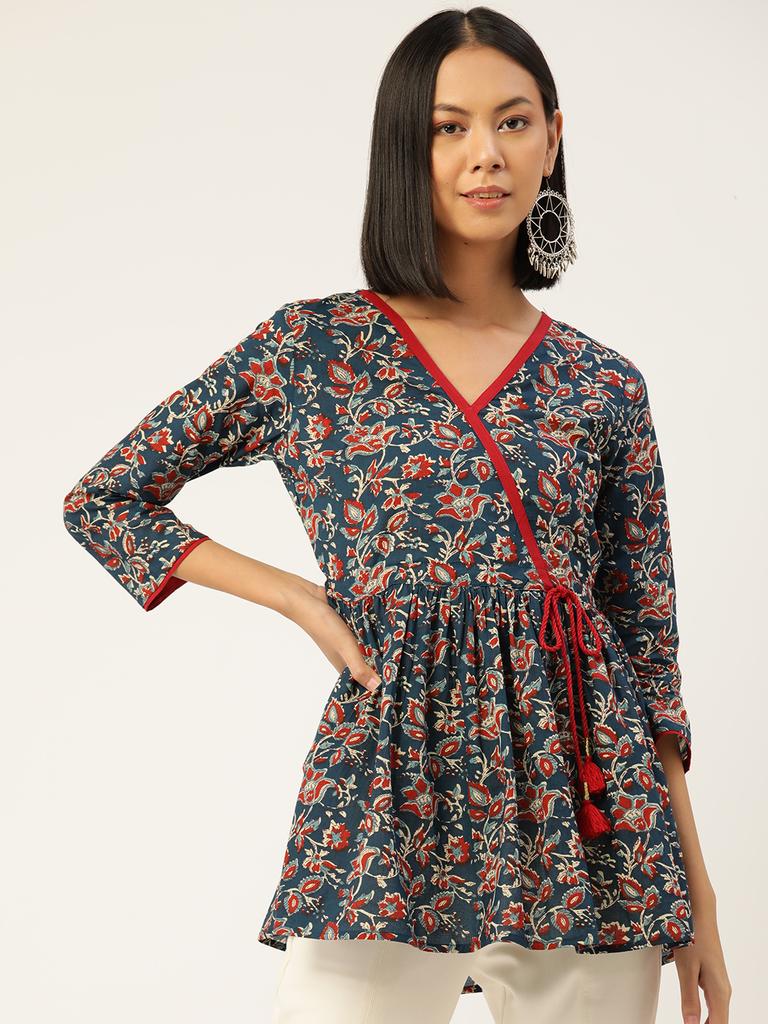 Woman Navy Blue Printed Wrap Top